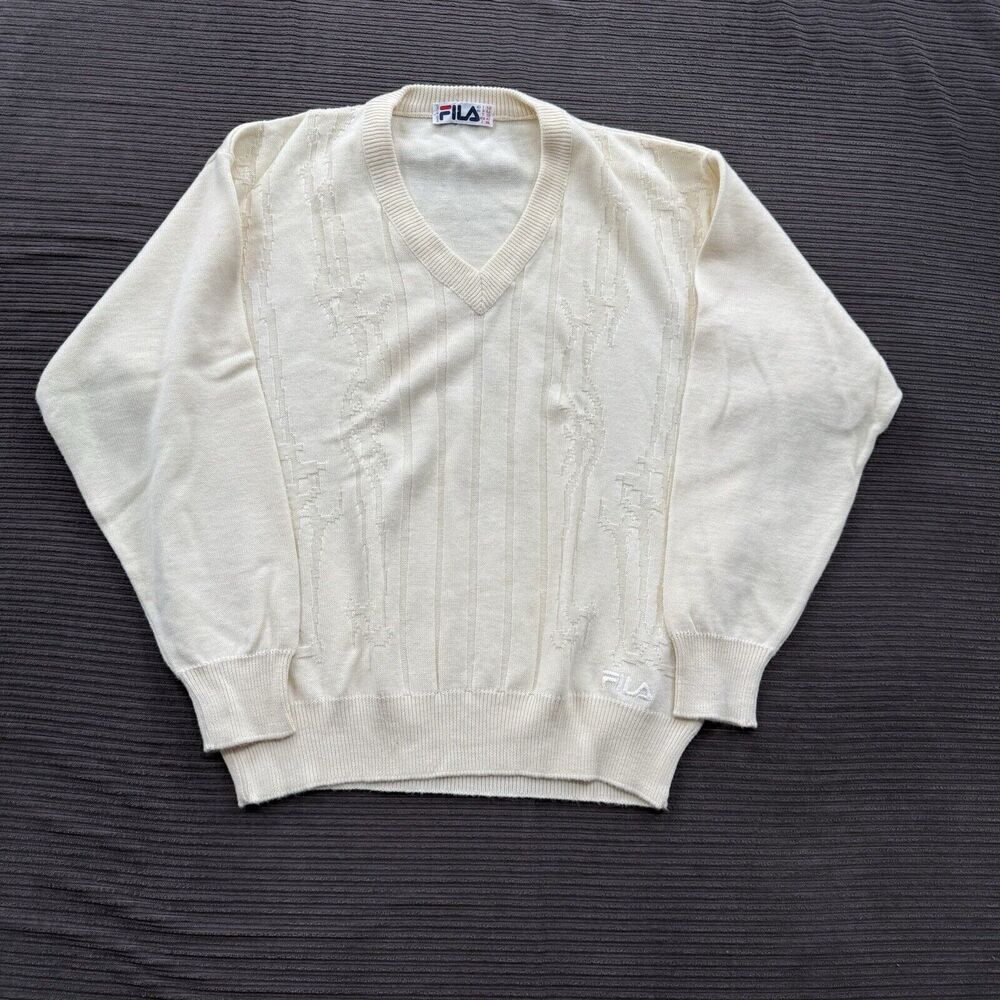Vintage Fila Sweater Men 42‎ Cream V-Neck Long Sleeve Preppy Tennis Outdoors.